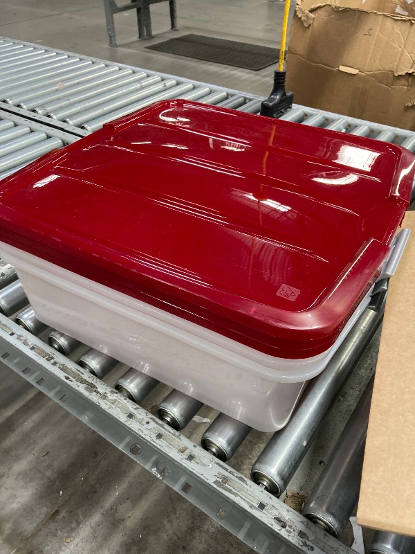 Photo 1 of ******reference photo******IRIS USA 33 Qt. Holiday Wreath Storage Container Box with Lid, 3-pack, Stackable Under Bed Storage Organizer Bin with Latching Buckles for 20" Wreaths Festive Holiday Decorations Garlands, Clear/Red