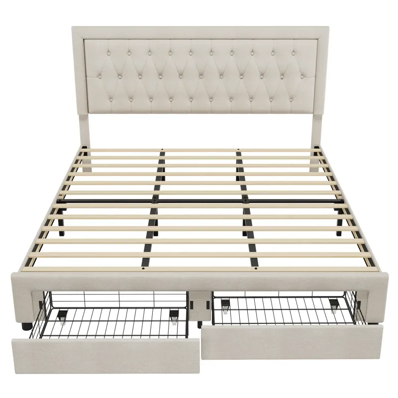 Photo 1 of   ** DIRTY** Homfa King Size Bed Frame with Storage, Linen Upholstered Platform Bed with 2 Storage Drawers & Adjustable Button Headboard, Beige

