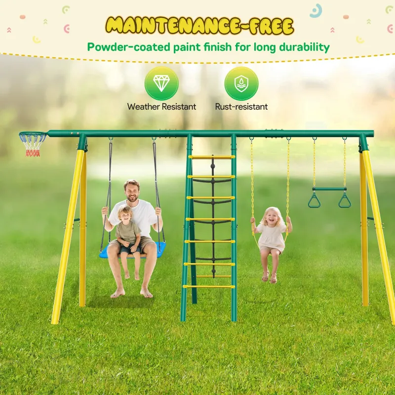 Photo 1 of   ** THE PRODUCT IS NOT COMPLETE. POSSIBLY MISSING MORE BOXES WITH PARTS****


Metal Swing Sets for Backyard,Heavy-Duty Outdoor Kids Playsets for Playground,Outside Toys with 2 Swings,Trapeze Bar and Basketball Hoop for Aged 3-12

