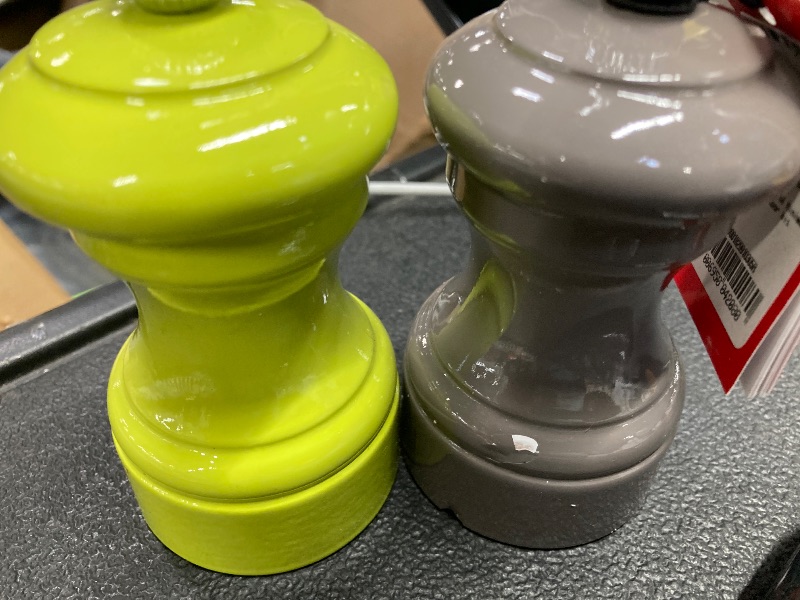 Photo 1 of **HAS SOME PAINT CHIPS-SEE PICS**Peugeot Bistro Pepper and Salt Mill Set, 4in - Beechwood Mills with Adjustable Grinding - For Peppercorns and Rock Salt, Corrosion-Resistant - Essential Kitchen Tools (Grey/Pistachio)