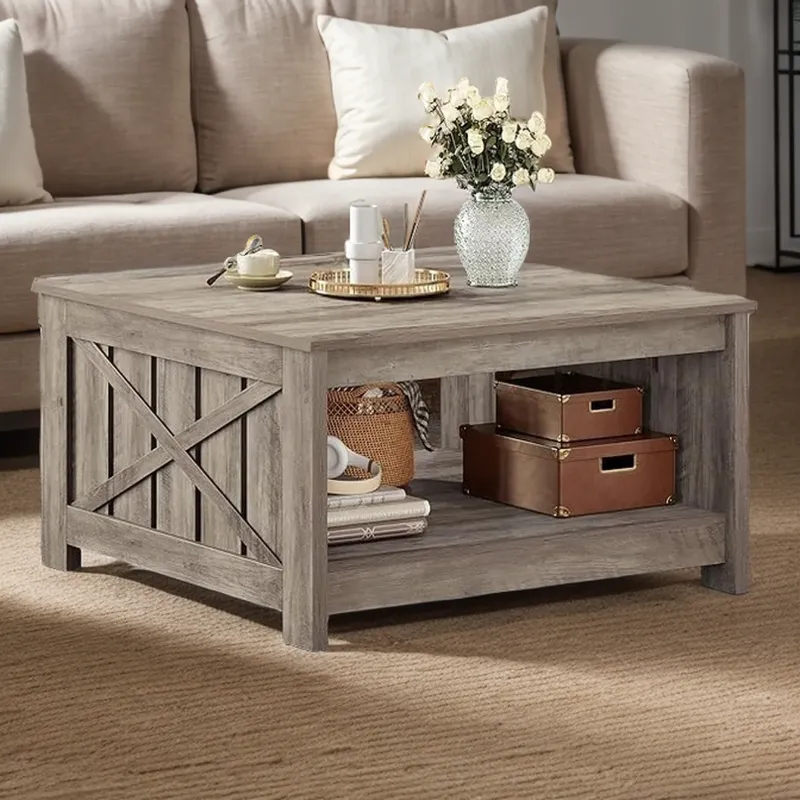 Photo 1 of ** Different Color See second Picture ** Dextrus Farmhouse Square Particle Board Coffee Table with Half Open Storage Compartment, Rustic Oak
