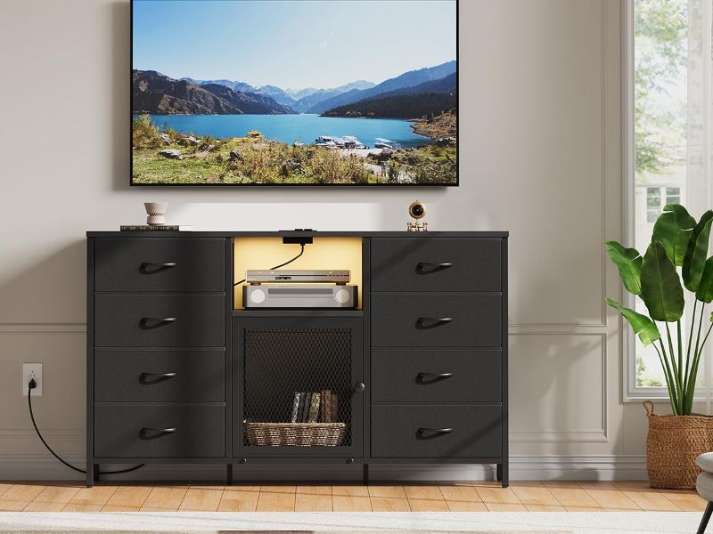 Photo 1 of ??-???? Dresser TV Stand for Bedroom for TV with LED Lights and Charging Station, Fabric Chest of Drawers, 8 Fabric Drawers, Wood Top, Living Room, Closet Black
