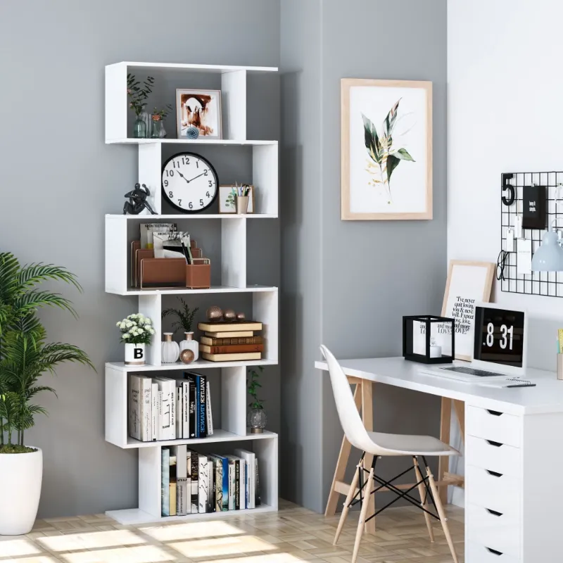 Photo 1 of *Heavy* Homfa Geometric Bookcase Wooden Wood S Shape Storage Display Unit Bookcase Bookshelf 6-tier Storage, 75" H x 27.6" W, White
