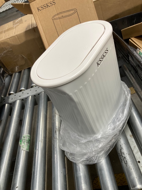Photo 1 of *Big dent on the side* 1.8 Gallons Small White Bathroom Trash Can with Lid, Slim Bathroom Garbage Bin, Removable Liner Bucket, Dog Proof Trash Can with Pop-Up Lid for Bedroom,Toilet
