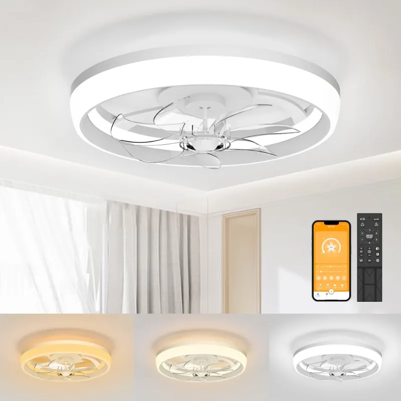 Photo 1 of *Crack on support* SKVEVN 19" Ceiling Fan with Light - 3 Colors Lighting, 6 Wind Speeds, Remote Control&APP, Modern Dimmable LED, Smart Ceiling Fan for Bedroom(White)
