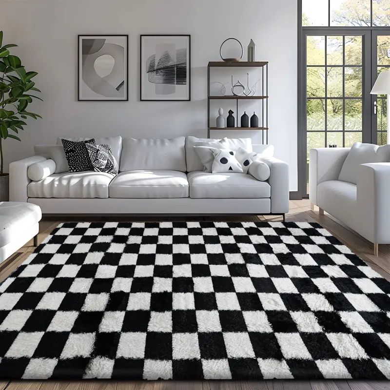 Photo 1 of *FACTORY SEALED* Pentantan 8ft x 10ft Shag Area Rugs for Living Room, Classic Checkered Fluffy Bedroom Carpet, Black & White
