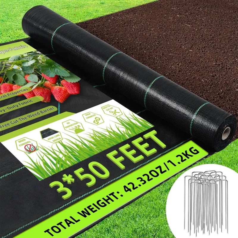 Photo 1 of *FACTORY SEALED* 3FT x 50FT Weed Barrier Landscape Fabric, Heavy Duty Weed Blocker Gardening Mat, Garden Cloth for for Underlayment, Gardening Ground, Commercial Driveway, Farming with 12 U-Shaped Securing Pegs
