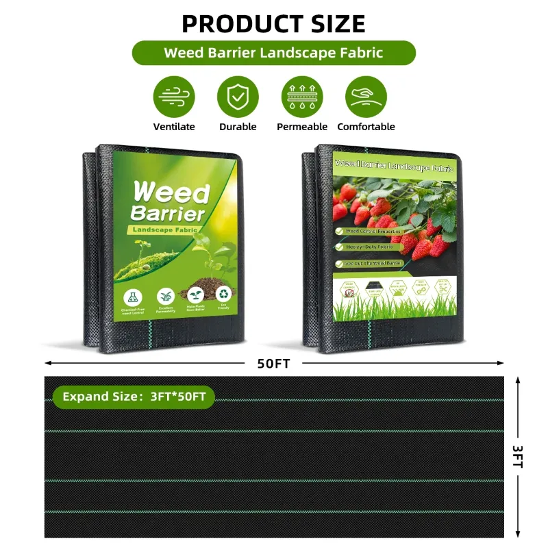 Photo 1 of *FACTORY SEALED* 3FT x 50FT Weed Barrier Landscape Fabric, Heavy Duty Weed Blocker Gardening Mat, Garden Cloth for for Underlayment, Gardening Ground, Commercial Driveway, Farming with 12 U-Shaped Securing Pegs
