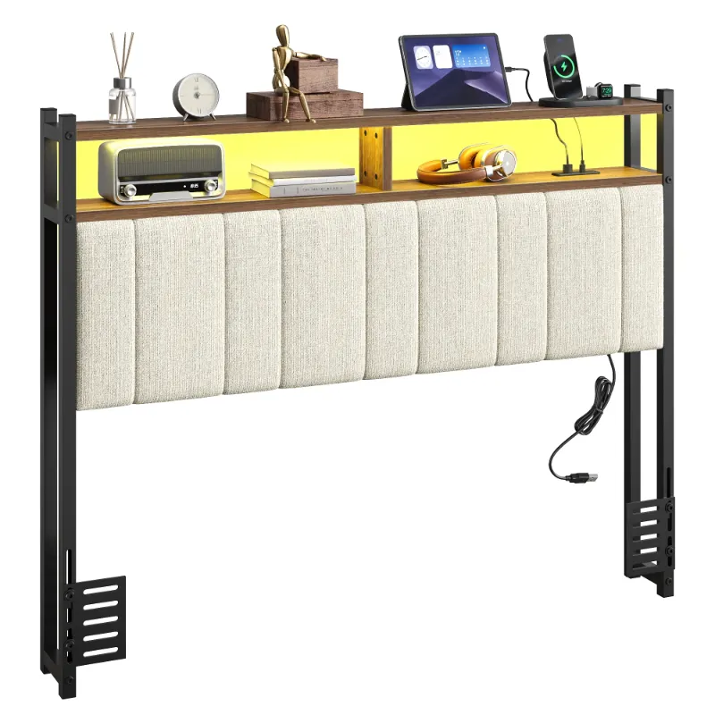 Photo 1 of *HEADBOARD ONLY* Pinmoco Upholstered Headboard for Full Bed with Storage, Linen Head Board with LED Light and Charging Station, Beige, Headboard Only
