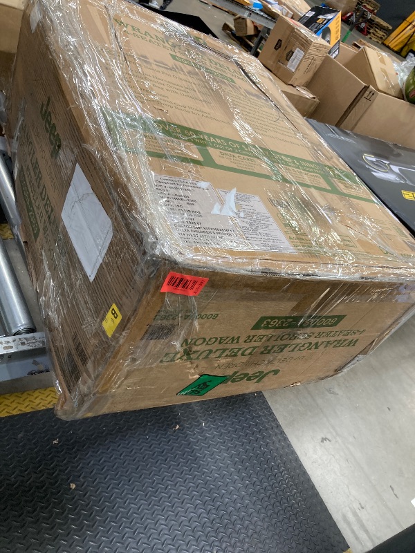 Photo 1 of *Cuts on hand bar* Jeep Wrangler Deluxe 4 Seater Stroller Wagon by Delta Children - Premium Quad Stroller Wagon for 4 Kids with Convertible Seats, Adjustable Push/Pull Handles, Removable Canopy & Flat Fold, Blue