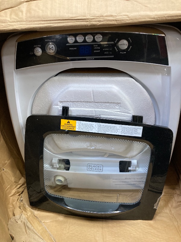 Photo 1 of ****used + minor damage *** BLACK+DECKER 0.9 Cu. Ft. Portable Washer, 6.6 lb. Capacity Washing Machine for Homes & Apartments, 5 Wash Cycles, Quick Connect Sink Adapter and Drain Hose Included, Transparent Lid, BPWM09W, White