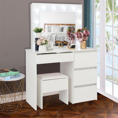 Photo 1 of ****USED + MISSING PARTS*****Ktaxon Vanity Table Set with Lighted Mirror Makeup Table with 4 Drawers Dressing Vanity Tables Dresser Desk for Girls Women White
