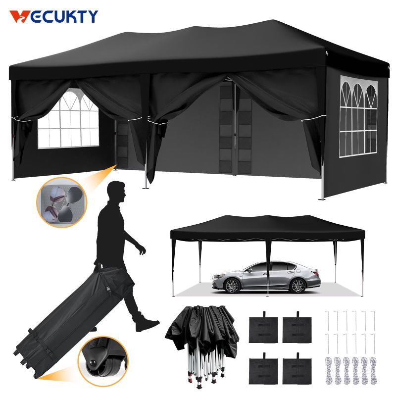 Photo 1 of ***used***VECUKTY 10 x 20ft Pop up Canopy Tent with 6 Sidewalls, Wheeled Bag, Shelter for Outdoor Shade,Black