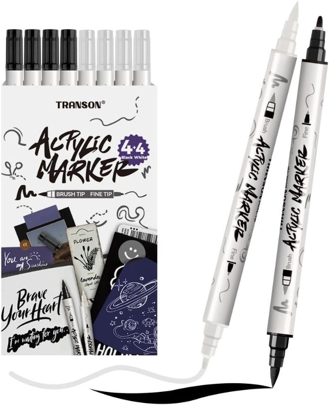 Photo 1 of 
TRANSON 4 Black and 4 White Paint Markers Brush and Fine Dual-tip Acrylic Paint Marker Set for Rock Painting Glass Canvas Wood Leather Ceramic Painting