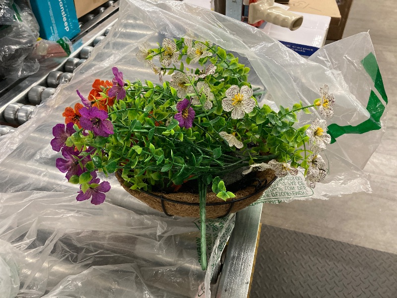 Photo 1 of **is different, please see the second photo**Solar Artificial Hanging Baskets: Lighted Fake Flowers Basket with RGB Solar Lights for Outdoors - 10 Inch Outside Faux Plant Baskets with Silk Colorful Realistic Petunias for Porch Garden Decor