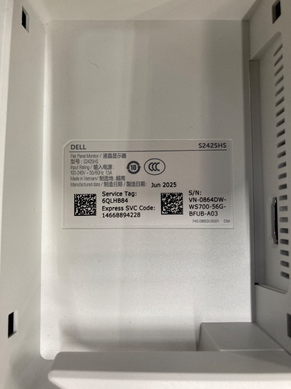 Photo 1 of ***UNTESTED*** Dell S2425HS Monitor - 23.8 Inch, FHD (1920x1080) Display, 100Hz Refresh Rate 1500:1 Contrast Ratio, TÜV Rheinland Eye Comfort 4 Star, Integrated 2x5W Speaker, Height/Tilt/Swivel/Pivot - Ash White