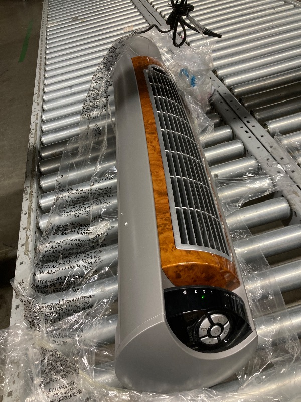 Photo 1 of **reference image**Lasko Oscillating Tower Fan with Remote, Quiet Floor Fans for Bedroom, 42", Woodgrain and Grey, T42954