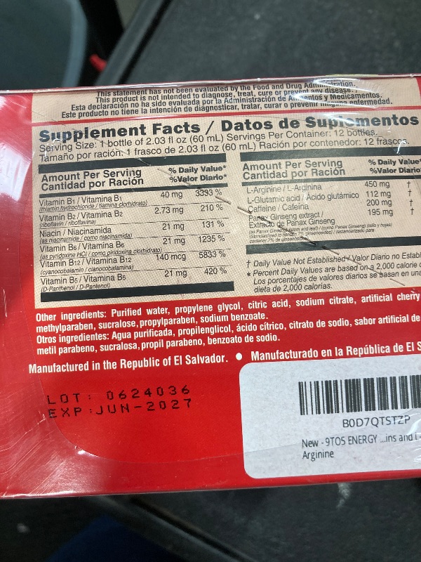 Photo 1 of **exp jun 2027**9TO5 ENERGY Vitamin Power Shot - Cherry Flavor, Taurine-Free, Sugar-Free, 12 Pack (2.03 fl oz Each) - Boost Energy, Focus, and Vitality with B Vitamins and L-Arginine