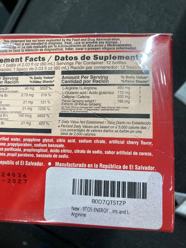 Photo 1 of **exp jun 2027**9TO5 ENERGY Vitamin Power Shot - Cherry Flavor, Taurine-Free, Sugar-Free, 12 Pack (2.03 fl oz Each) - Boost Energy, Focus, and Vitality with B Vitamins and L-Arginine