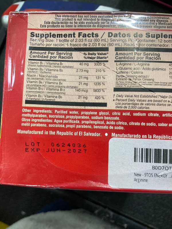 Photo 1 of **exp jun 2027**9TO5 ENERGY Vitamin Power Shot - Cherry Flavor, Taurine-Free, Sugar-Free, 12 Pack (2.03 fl oz Each) - Boost Energy, Focus, and Vitality with B Vitamins and L-Arginine