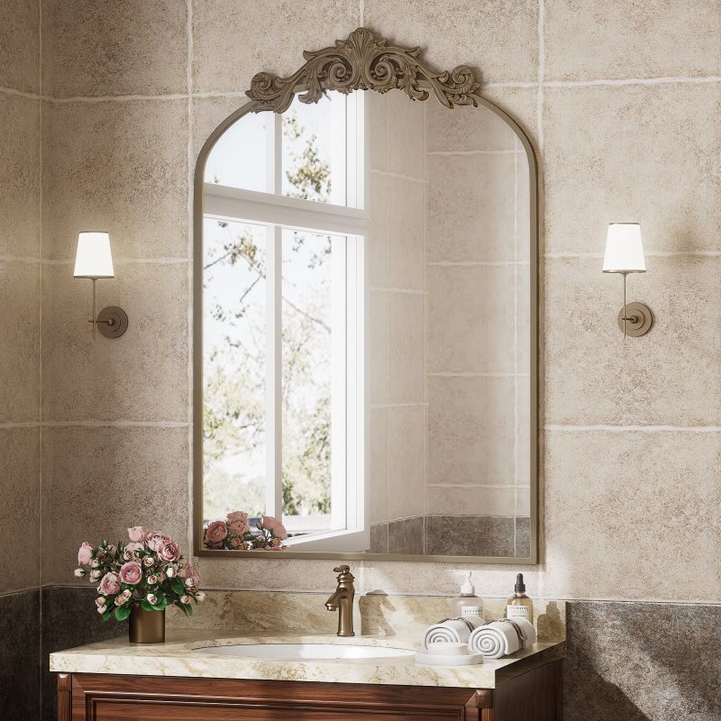 Photo 1 of   ** IT MISSES THE TOP ORNAMENT***
BEAUTYPEAK 38"x 24" Wall Decor Mirror Arched Metal Vintage Bathroom Mirror,Bronze
