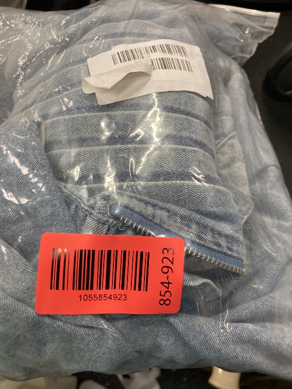 Photo 1 of ***DAMAGE -SELLING AS IS*** 
yoeasy Women's Sleeveless V Neck Shorts Denim Romper Tie Front Ruffle Cute Loose Jean Short Overalls with Pockets (Size XL, Blue)