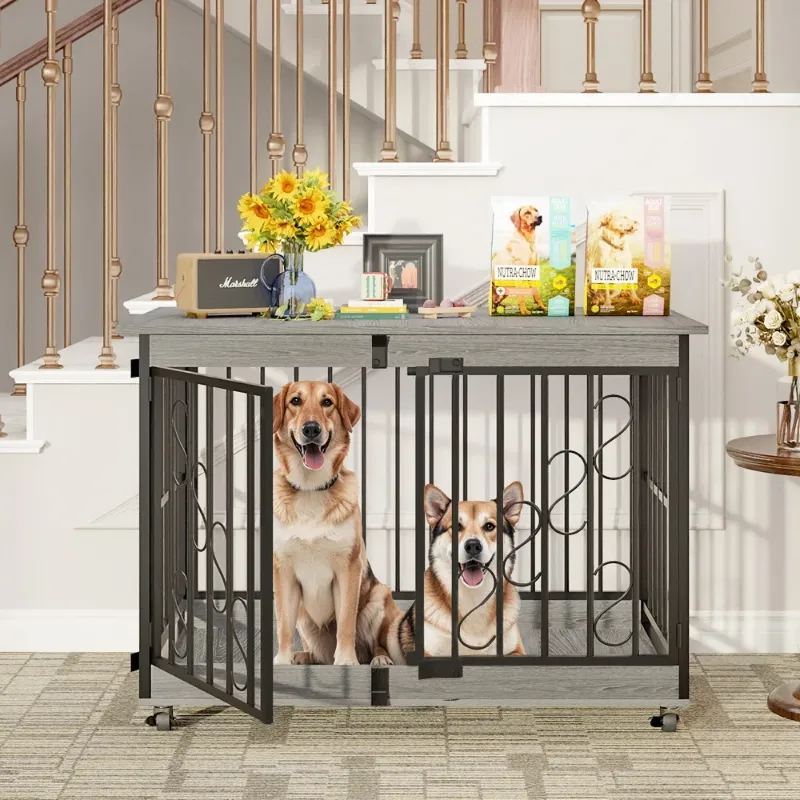 Photo 1 of ***(*PARTS ONLY - SELLING AS IS PARTS)***
48 Inch Dog Cage Furniture for Extra Large Dog, Double-Doors Heavy Duty Dog Crate with 360° Caster Wheels, Dog Kennel Indoor Decorative Pet House Dog Cage Table, Gray