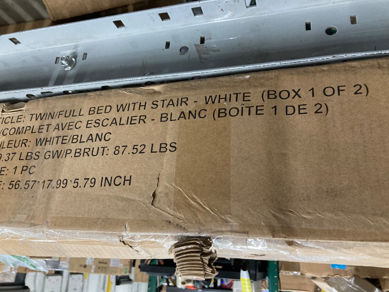 Photo 1 of ** THIS IS ONLY PART OF THE SET. THIS IS BOX 1 OF 2; THE SECOND BOX IS MISSING.**
YOPTO Twin Over Full Bunk Bed with Built-in Desk and Three Drawers,Pine Wood Convertible Twin Over Full L-Shaped Loft Bunk Bed Frame for Kids Teens Adults,White