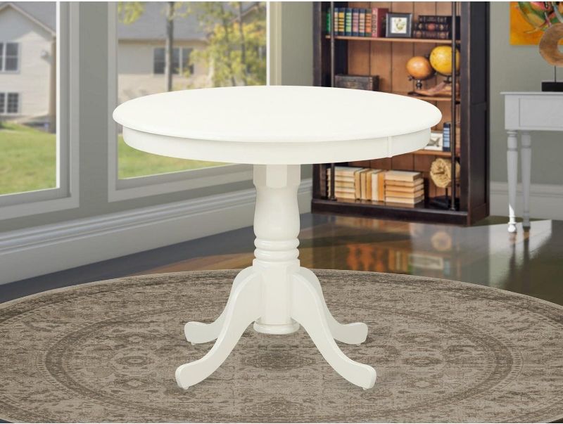 Photo 1 of **TABLE TOP ONLY/MISSING PEDESTAL**East West Furniture ANT-LWH-TP Antique Dining Room Table - a Round kitchen Table Top with Pedestal Base, 36x36 Inch, Linen White
East West Furniture ANVA5-LWH-W Kitchen Table Round Dining Room Table 36x36 Inch, Line