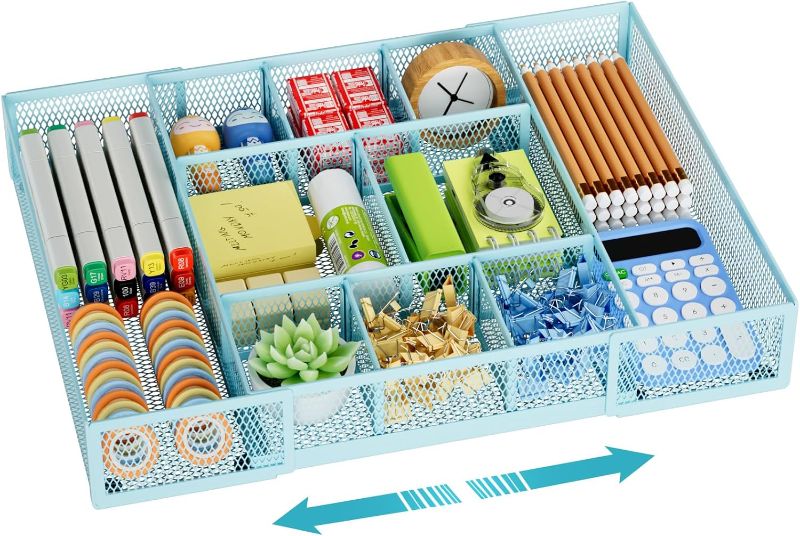 Photo 1 of  Desk Drawer Organizer, Mesh Drawer Organizer Tray with 10 Adjustable Compartments, Desk Organizers and Accessories for Office Supplies, Makeup & Vanity (Expandable-Blue)
