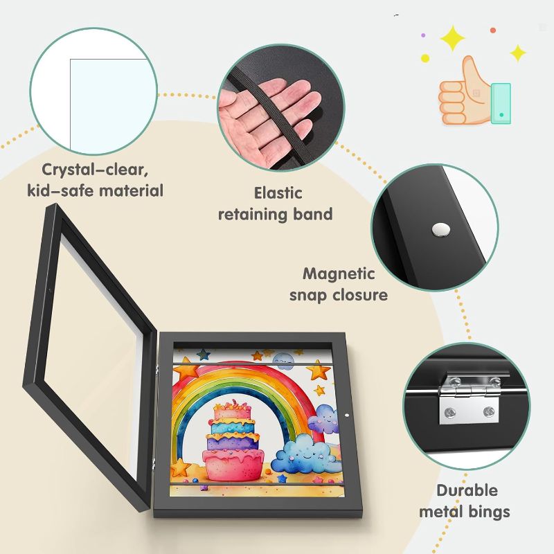 Photo 1 of  Kids Art Frames, Kids Artwork Frames Changeable 8.5 x11 with Mat and 10 x12.5 Without Mat, Front Opening Holds 100 Drawings for Drawings, Artworks, Children Art Projects 2 Pack Black
