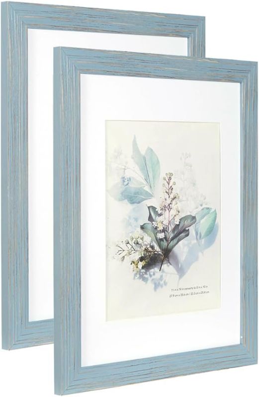 Photo 1 of  100% Solid Wood Blue 11x14 Picture Frame 2 Pack Display Picture 8x10 with Mat, HD Plexiglass Inside, Rustic Wooden Photo Frames for Wall Mounting
