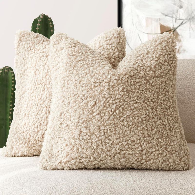 Photo 1 of  20x20 Inch Light Khaki, Faux Fur Throw Pillow Cover Accent Sherpa Pillow Fuzzy Soft Pillowcases Sheepskin Decorative Fleece Cushion Case for Bed Couch Living Room
