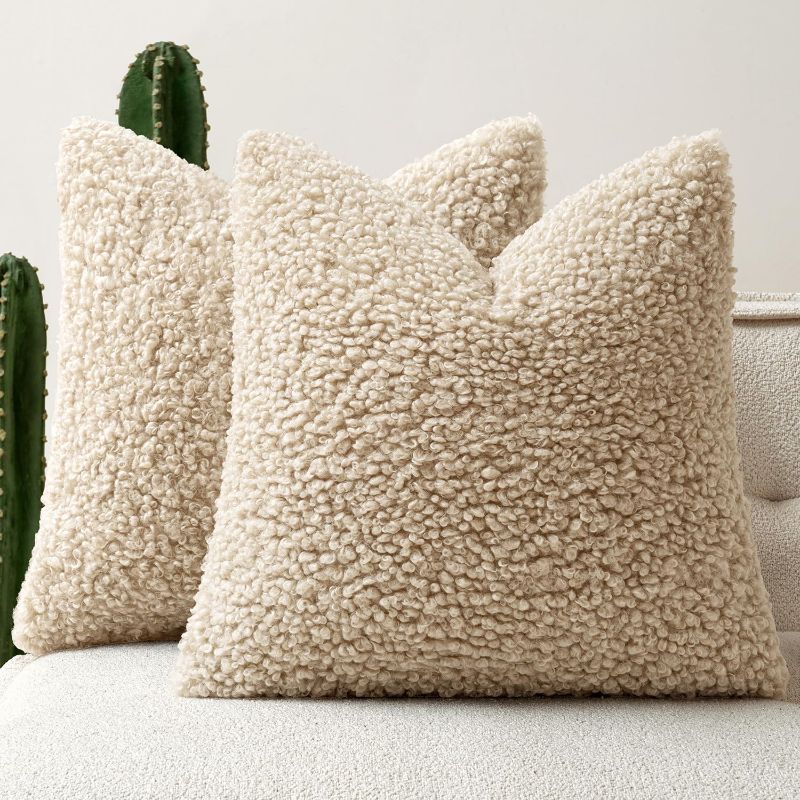 Photo 1 of  Faux Fur Throw Pillow Covers 20x20 Inch Set of 2 Boucle Neutral Decorative Sherpa Fuzzy Accent Soft Sheepskin Fleece Cushions Modern Home Decor for...
