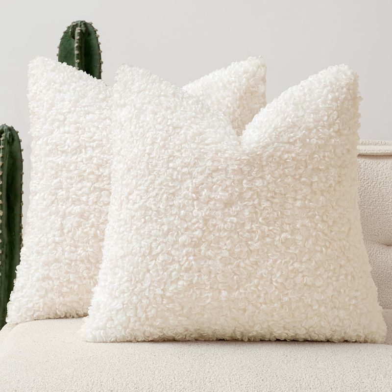 Photo 1 of  Faux Fur Throw Pillow Covers 20x20 Inch Set of 2 Boucle Neutral Decorative Sherpa Fuzzy Accent Soft Sheepskin Fleece Cushions Modern Christmas Home Decor for Couch Sofa Bedroom Livingroom,VANILLA
