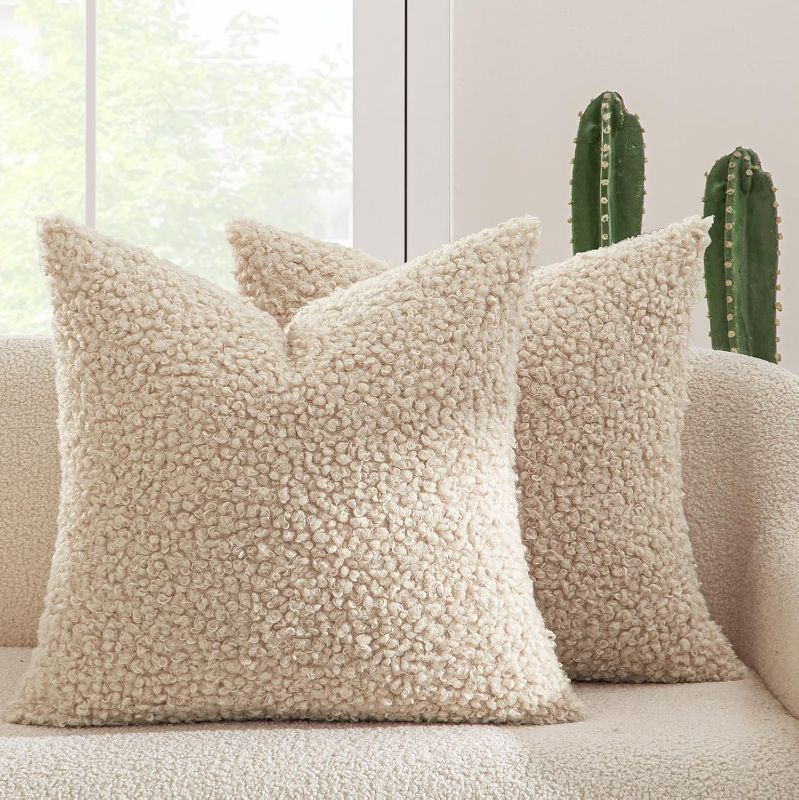 Photo 1 of  Faux Fur Throw Pillow Covers 20x20 Inch Set of 2 Boucle Neutral Decorative Sherpa Fuzzy Accent Soft Sheepskin Fleece Cushions Modern Christmas Home Decor for Couch Sofa Bedroom Livingroom,White
