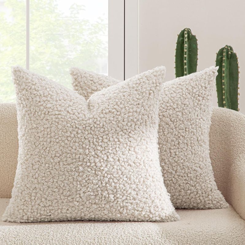 Photo 1 of  Faux Fur Throw Pillow Covers 18x18 Inch Neutral oucle Decorative Sherpa Pillow Covers Fuzzy Accent Soft Sheepskin Fleece for Boho Home Decor Couch Living Room Bed (VANILLA)
