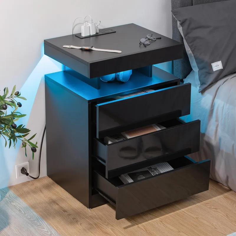 Photo 1 of ** MISSING PARTS ** Hommpa Nightstand Wireless Charging Station USB Port Type C Outlets Modern Bedside Table 3 Drawer Smart LED Nightstand Tall Night Table Black High Gloss End Side Table for LivingRoom Bedroom