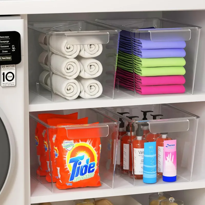 Photo 1 of **IT HAS A STRIP
Stackable Clear Storage Bins with Lids, Large Plastic Storage Bins w Handle, Acrylic Pantry Organization and Storage for Kitchen, Fridge, Cabinet, Refrigerator, Bathroom Organizer