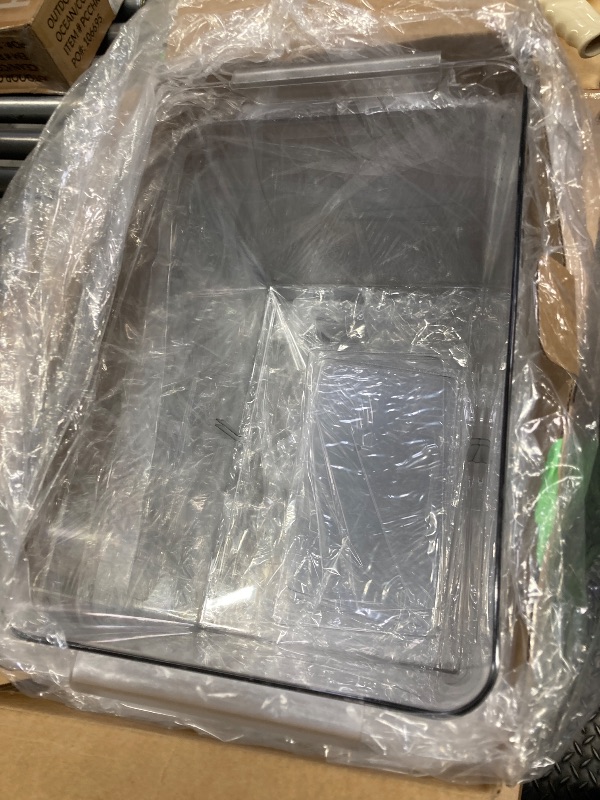 Photo 1 of **IT HAS A STRIP
Stackable Clear Storage Bins with Lids, Large Plastic Storage Bins w Handle, Acrylic Pantry Organization and Storage for Kitchen, Fridge, Cabinet, Refrigerator, Bathroom Organizer