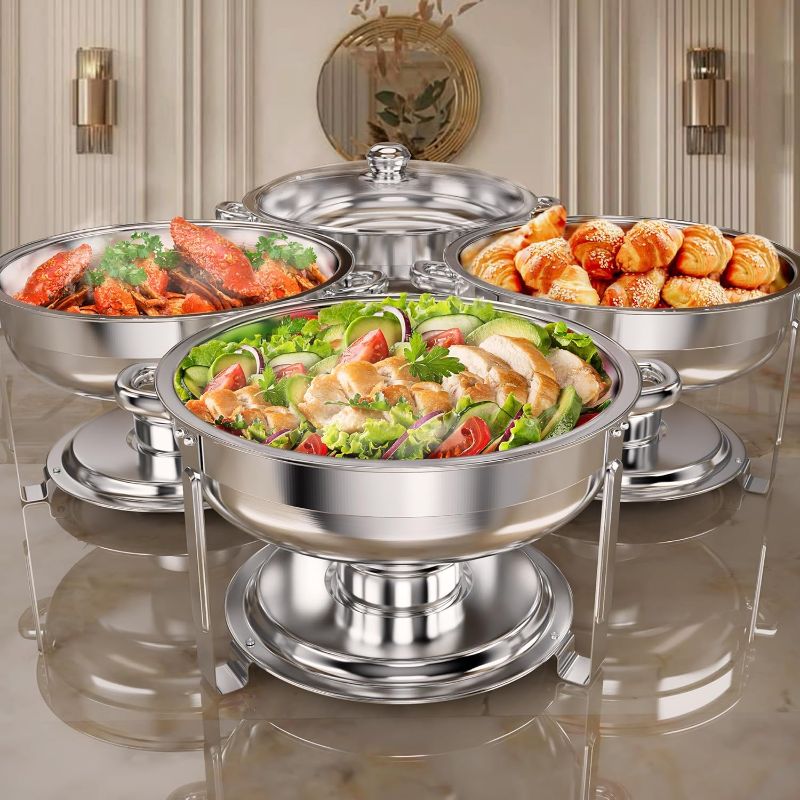 Photo 1 of  Chafing Dishes for Buffet, 4 Pack Stainless Steel Round Chafing Dish Buffet Set, Heating and Cooling Buffet Servers and Warmers, Food Warmers for Parties Buffet,Gatherings,Banquets,Weddings
