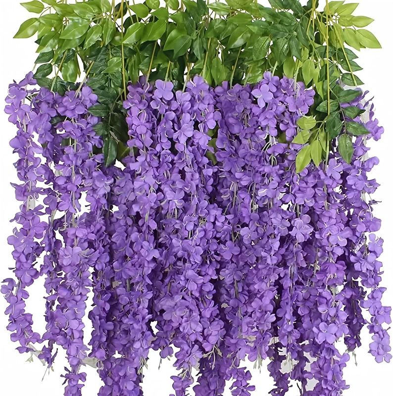 Photo 1 of 12 Pack Wisteria Flower Vines Garland, 3.75 Ft Artificial Flower Strings, Fake Hanging Flowers, Silk Wisteria Garland Flowers, Flower Vine for Wedding Garden Decor (Purple Blue)
