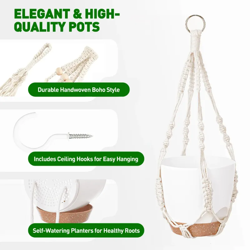 Photo 1 of -Pack Self Watering Hanging Plant Pots with Macrame Hangers, Plastic Planters with Drainage Holes and Saucers, Indoor Outdoor Flower Pots, Includes 3 Ceiling Hooks, 7"/6"/5.5" (White)