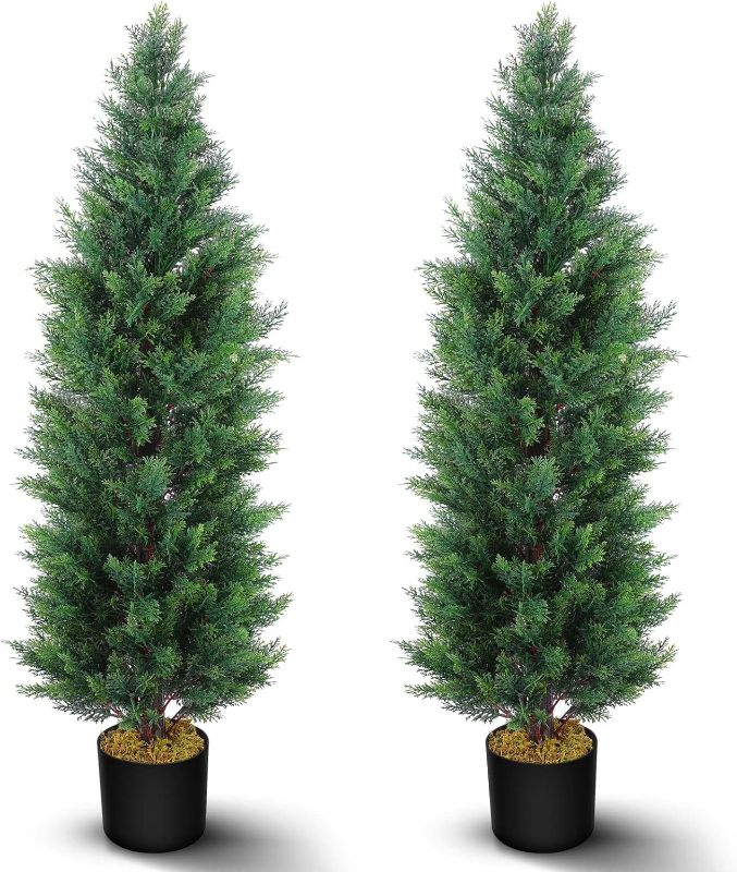Photo 1 of  2 Pcs 4 Ft Artificial Topiary Cedar Trees, Outdoor Faux Pine Shrubs, Realistic Fake Greenery Plants UV Resistant Cypress Trees for Christmas Porch Front Door Decor (2, Green, 4 Ft)