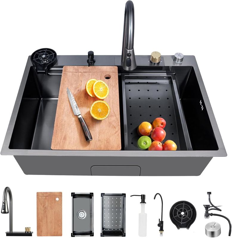 Photo 1 of 
Kitchen Sink 304 Stainless Steel Undermount Sink Drop in Single Bowl Kitchen Sinks, With Pull Down Sprayhead Faucet, With Pressurized Cup Washer and Two Waterfalls (31.5 x 18.1 inch)***Picture Of Reference*****USED**
