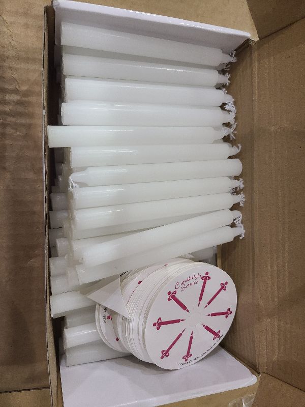 Photo 1 of 100 White Odorless Taper Candles - Handheld with Drip Protection, 5 Inches - Church & Sabbath Religious Candles