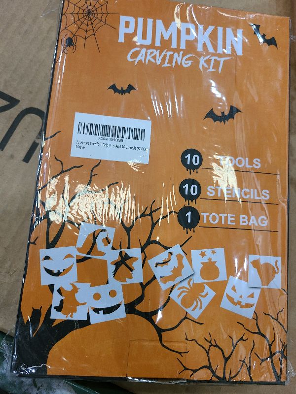 Photo 1 of 21 Pieces Comfort Grip Pumpkin Carving Kit with Gift Box and Carrying Case Heavy Duty Stainless Steel Pumpkin Carver Tools Pumpkin Sculpting Set and 10 Stencils for Halloween Jack-O-Lanterns (BLACK)