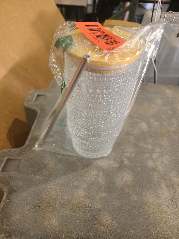 Photo 1 of 16 Oz Glass Cup with Lid and Straw, Vintage Embossed Glassware for Whiskey Cocktail Beer, Iced Coffee Cup with Lid, Glass Tumbler (1 PACK)