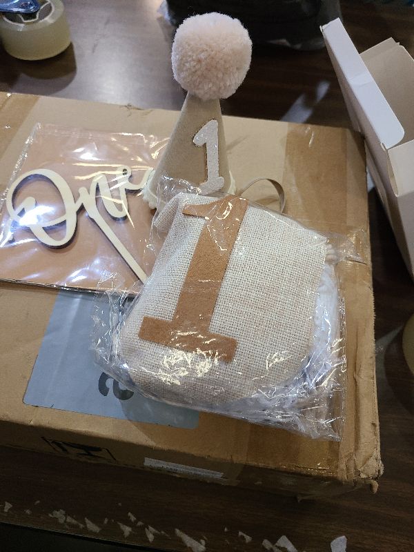 Photo 1 of 1st Birthday Highchair Banner Decorations For First Boys Khaki Cone Hat With One Cake Topper Photo Backdrop