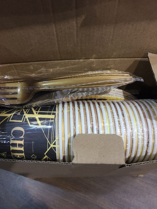 Photo 1 of 168 Pcs Roaring 1920's Party Tableware Set, 24 Guests Black and Gold Speakeasy Birthday Dinner Plates, Dessert Plates, Cups and Napkins for 1920s Vintage Wedding Party Supplies